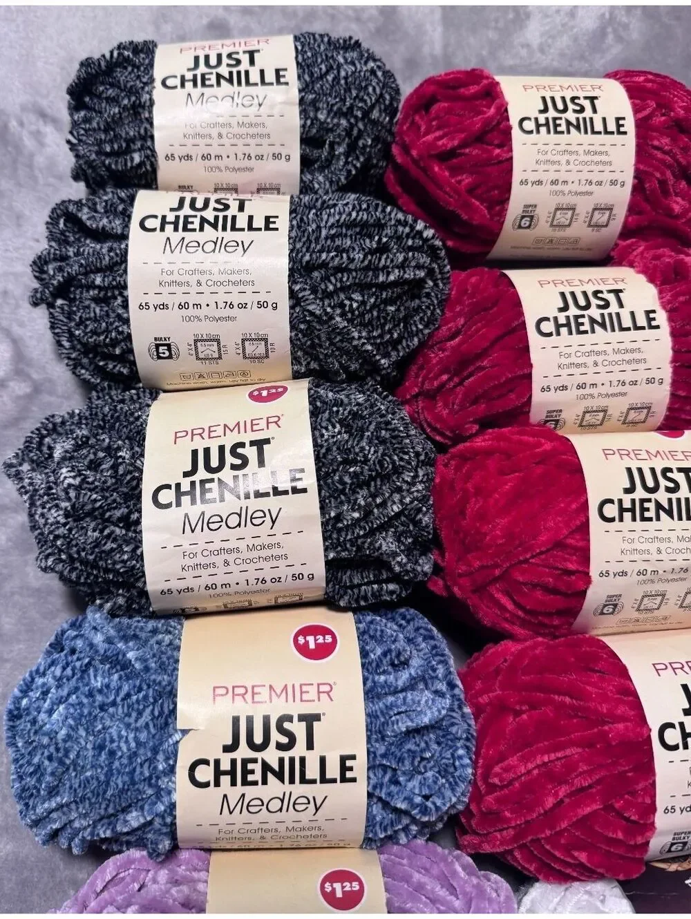 Premier Just Chenille Yarn Lot of 13 Super Bulky 1lb 10oz 714 yards.